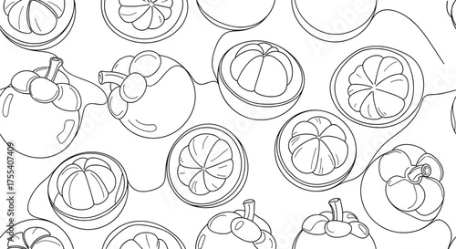 A detailed line art pattern of mangosteen fruits in a playful arrangement across the frame.