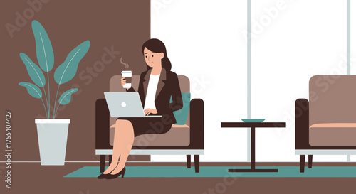 Businesswoman Working On Laptop Drinking Coffee In Modern Office Environment