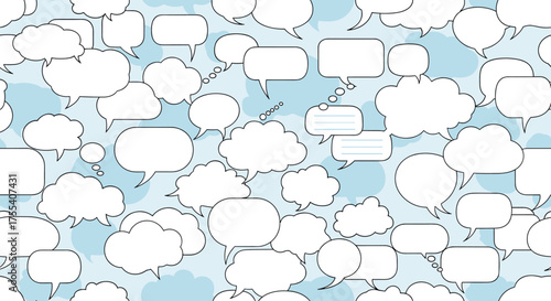 A dynamic and diverse collection of speech bubbles forms a captivating pattern against a soft blue backdrop.