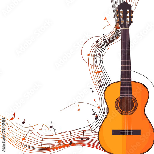 Acoustic Guitar Illustration with Musical Notes on White Background Graphic Design for Music Themed Projects and Promotional Material Perfect for Digital Design
