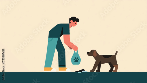 Illustration Of Pet Owner Stopping To Clean Up After Their Dog, Showing Responsibility And Pet Waste Bags Vector Design Template