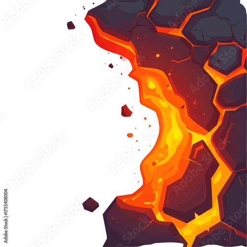 Pixelated Lava Flow Texture with Glowing Orange Edges and Cracked Dark Brown Rock on A White Backdrop, Video Game Design Element