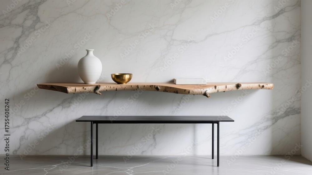 Obraz premium Minimalist interior with natural wooden shelf, marble wall, and modern decor — elegant Scandinavian design style