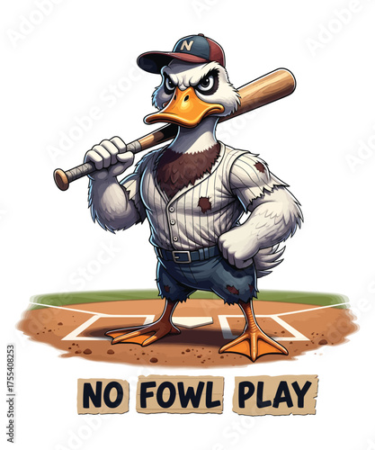 Baseball Duck with Intense Gaze Ready to Play Hardball But Fairly and "No Foul Play" Inscription