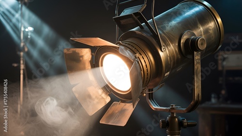 Bright spotlight shining through smoke in dark studio creating dramatic cinematic atmosphere with glowing beam.