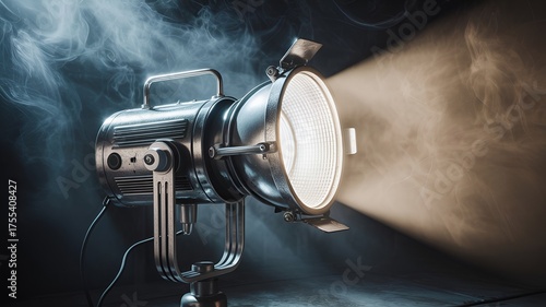 Bright spotlight shining through smoke in dark studio creating dramatic cinematic atmosphere with glowing beam.