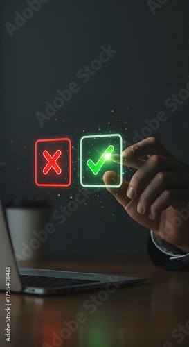A neon check mark red cross decision user interface hand choice approval rejection glowing icon technology glow combine in sleek scene, conveying clarity, focus, and modern validation on screen