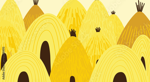 Abstract rendering of yellow conical huts with dark entrances.