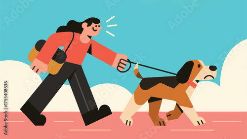Illustration Of Pet Owner Trying To Coax A Stubborn Dog To Continue Walking, With A Humorous Expression Vector Design Template