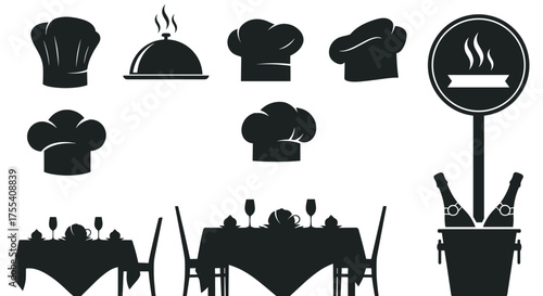 A collection of black silhouette icons representing fine dining and culinary arts.