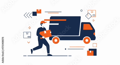 Delivery Service Illustration with Courier and Parcel Van on White Background
