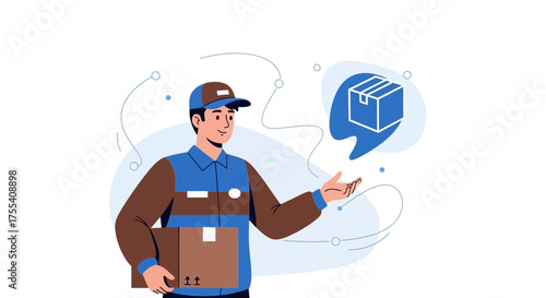 Delivery Driver Holding Package and Picturing Online Shipment Process Illustration