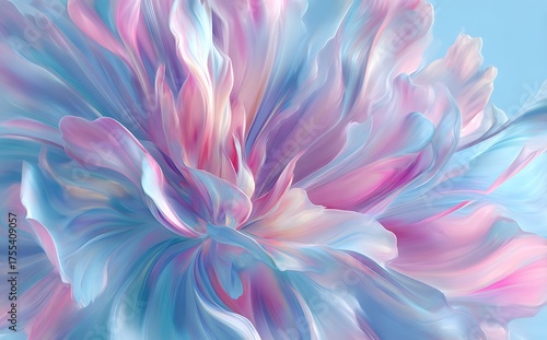 A soft pastel illustration of an abstract flower, with petals in shades of pink and blue against a sky-blue background