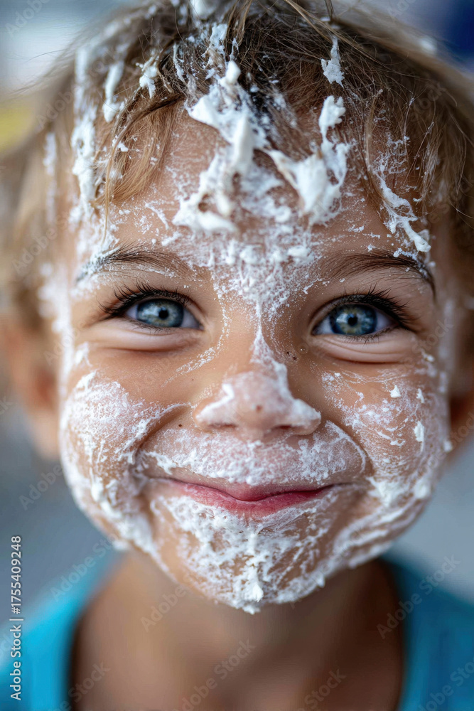 Fototapeta premium A child with ice cream all over the face smiling happily