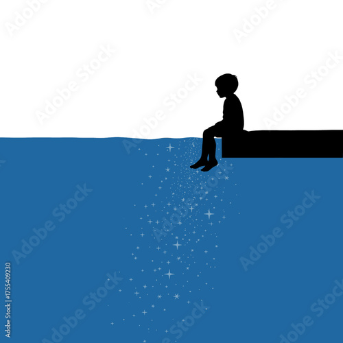 Silhouette of a Small Figure Sitting by Blue Water with White Sky and Sparkles Pixel Art Style