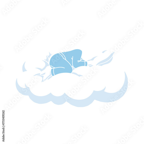 Stylized Silhouette of a Person Crouching on a Fluffy Cloud in Pale Blue and White Hues Dreamy Soft Illustration Graphic Resource Isolated