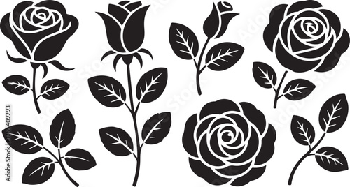 Black and White Featuring Eight Different Rose Silhouettes with Stems and Leaves