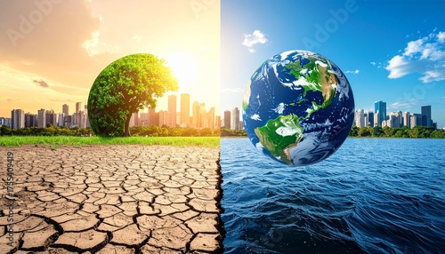 a Contrast of Climate Change- Dry Earth Versus Lush Green Planet Split by Water