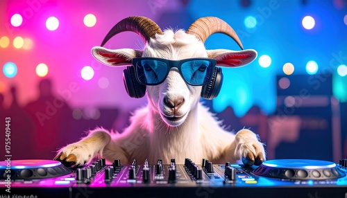 a Goat DJ with Sunglasses and Neon Lights in a Vibrant Dance Party Setting for Music