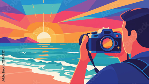Illustration Of Photographer Capturing A Scenic Sunset Over The Ocean, With A Detailed Camera And Vibrant Sky Colors Vector Design Template