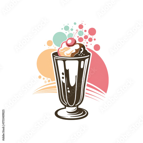Illustrative chocolate dessert in tall glass with whipped cream syrup cherry Colorful abstract bubbles and shapes