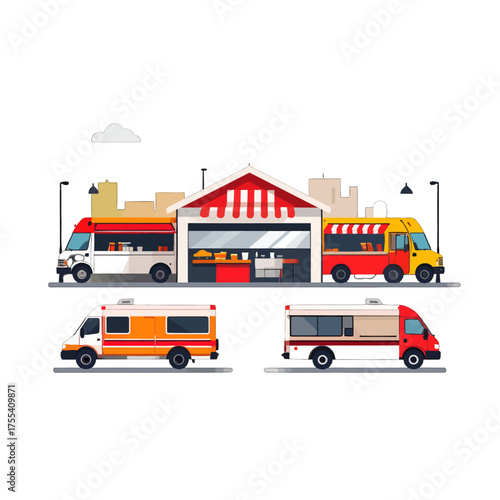 Pixelated Illustration of Food Trucks at Marketplace with Red and White Striped Awnings on White Background