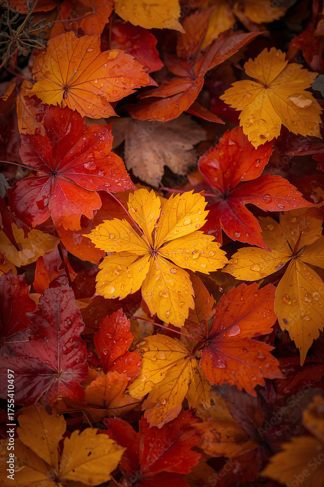 Fototapeta premium Dry autumn maple leaves gathered in peaceful closeup autumn season aesthetic wallpaper and background