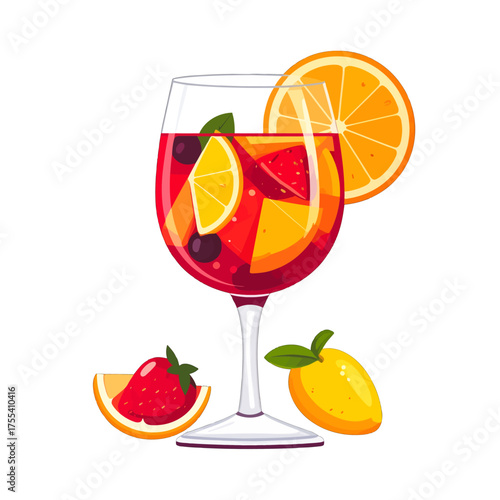 Refreshing Red Sangria Drink with Citrus Fruits Isolated on White Background for Adobe Stock