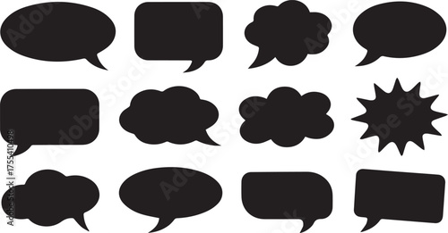 Black Speech Bubbles in Various Shapes Round, Square, Cloud, Burst, Dialogues and Communications