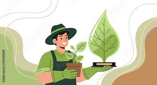 Eco-Conscious Gardener Showcasing Nature's Beauty In A Green And Artistic Illustration