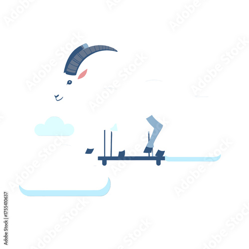 Minimalist Illustration of a Person Riding a Platform with a Sail Under a Cloudy Sky in Pastel Tones Isolated on White Background