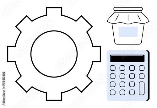 Gear, jar, and calculator highlight themes of productivity, creativity, and problem-solving. Ideal for engineering, finances, resource management, innovation calculation creativity simple flat