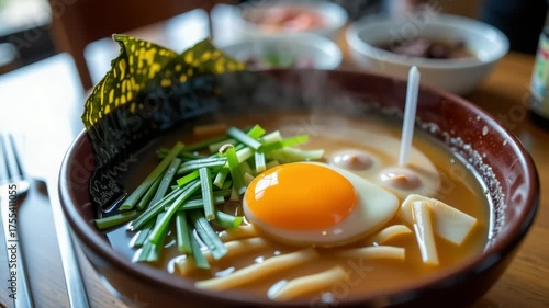 Soft boiled egg with green onion, seaweed, and udon noodle soup in brown bowl on wooden table, warm broth served with chopsticks, delicious Asian noodle soup meal