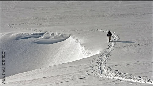Solitary person walking through a vast, pristine snow-covered landscape, leaving footprints behind in the fresh powder. Remote winter adventure.
