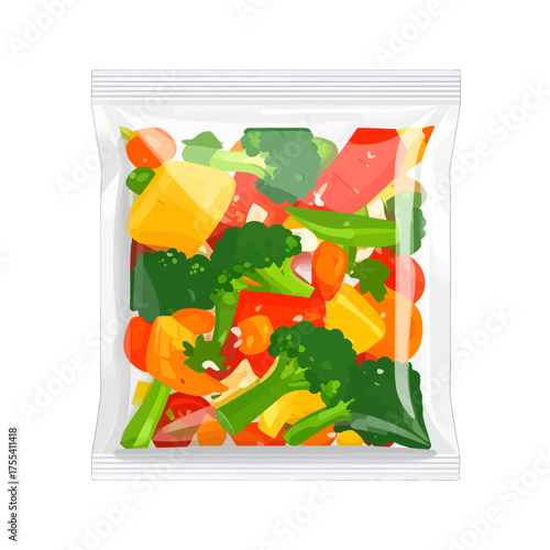Frozen Mixed Vegetables in Clear Plastic Bag on White Background Vector Illustration Food Preservation and Convenience Meal Preparation