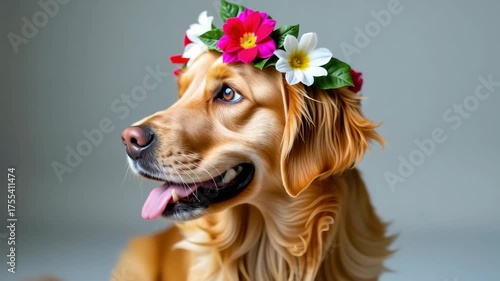 Golden retriever dog wearing flower crown on head with happy playful expression, tongue out, soft fur and bright eyes, joyful pet animal portrait in soft neutral background