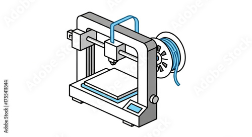 3d printer machine manufacturing equipment for rapid prototyping and additive manufacturing in blue color illustration