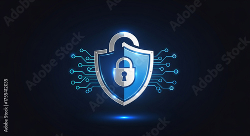 Cyber security shield with open padlock, symbolizing data protection, network security, and digital privacy, with a modern design for online safety and secure systems