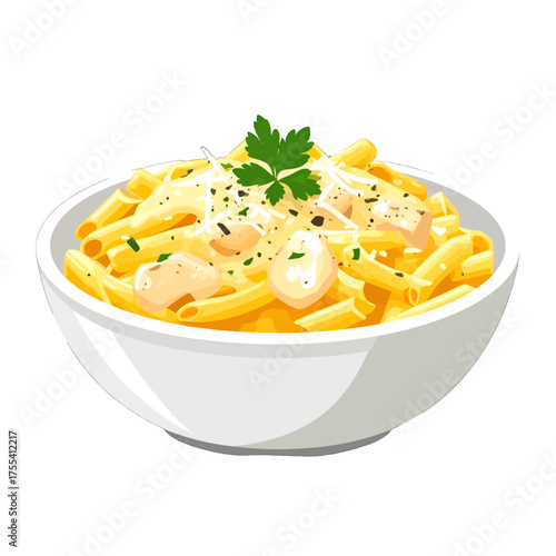 Bowl of Pixel Art Penne Pasta with Creamy Sauce and Green Parsley Topping