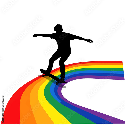Silhouette of Person Skateboarding on Rainbow Against White Backdrop with Joyful Movement and Vibrant Colors