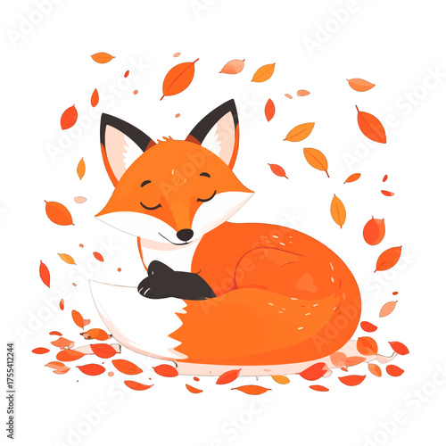 Sleeping Fox with Autumn Leaves Vector Illustration in Warm Orange and White Tones on a Clean White Background Perfect for Fall Themed Designs