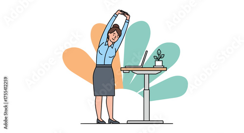 Employe Taking a Break Doing Stretching Near Desk and Laptop to Relax During Working Hours