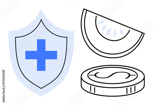 Shield with medical cross, slice of fruit, and coin emphasizing health, balanced diet, and financial stability. Ideal for wellness, healthcare, budgeting, nutrition insurance prevention
