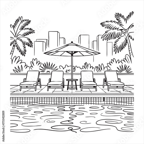 Black and white line drawing of a resort pool deck with lounge chairs and palm trees line art