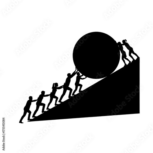 Silhouette Illustration of People Pushing Large Sphere Up Inclined Plane in Black and White Illustration for Business Success Concept