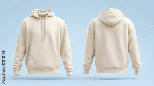Plain cream hoodie mockup with front and back views on light blue background, showcasing design simplicity and comfort. Ideal for fashion presentations and branding