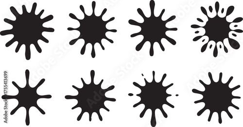Eight Isolated Black Ink Splatters on White Background, Various Shapes and Forms