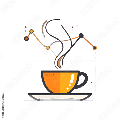 Stylized Orange Cup of Coffee with Rising Steam Forming a Graph Illustration Against White Background