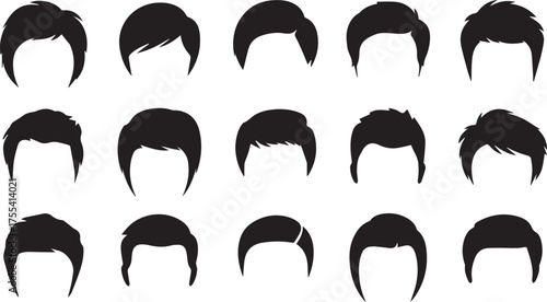 Fifteen Different Black Hair Silhouette Vectors Set Against a White Background for Styling Choices