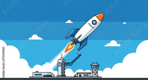 Illustration of a rocket launching into the sky from a launchpad with buildings, set against a blue sky